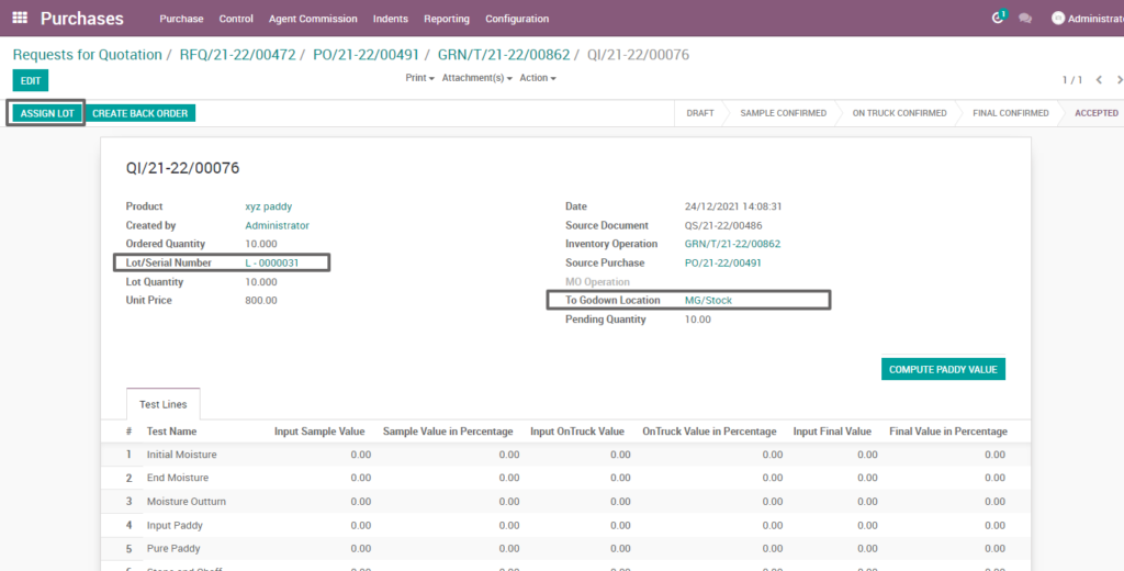 Ricetrading ERP Purchase Managementassign lot raw materials