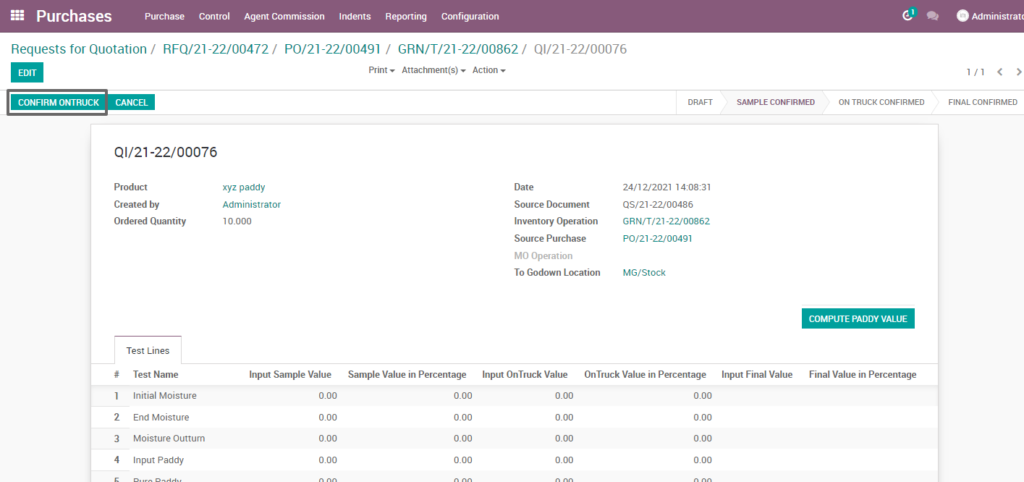 Ricetrading ERP Purchase Managementquality inspection confirm ontruck