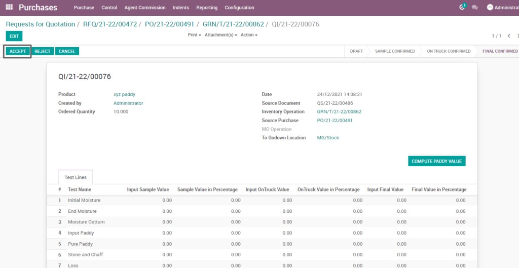 Ricetrading ERP Purchase Managementquality inspection ontruck accpetance