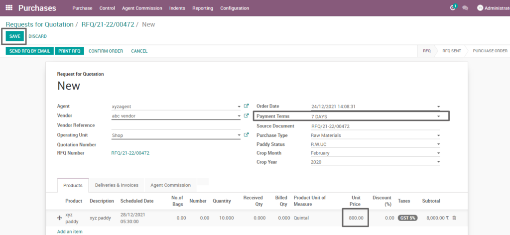 Ricetrading ERP Purchase Managementquotation creation add price rawmaterial