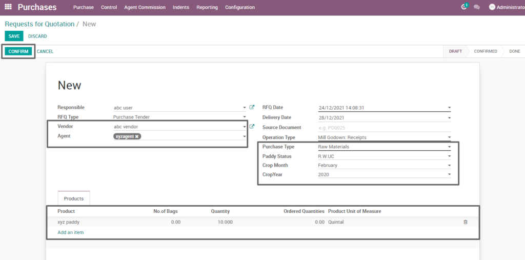 Ricetrading ERP Purchase Managementquotation creation raw material