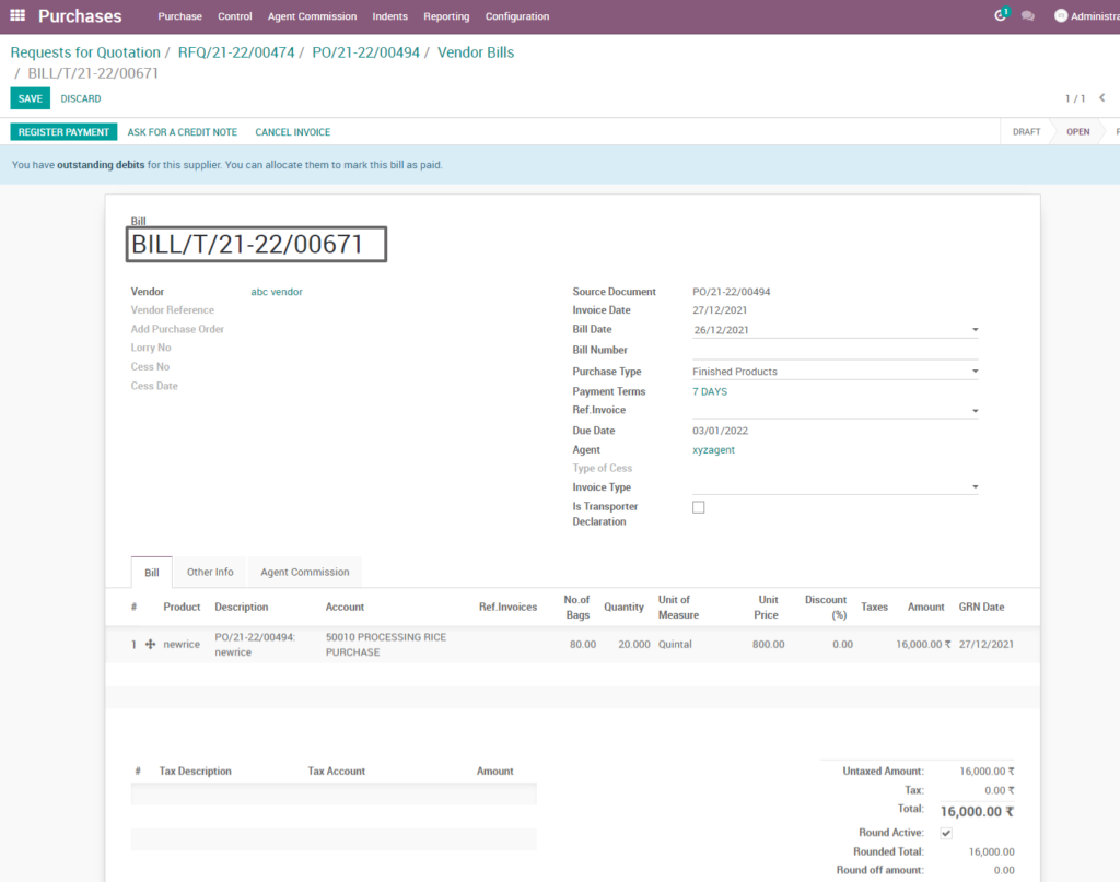 Ricetrading ERP Purchase Managementsuplier invoice created finished product