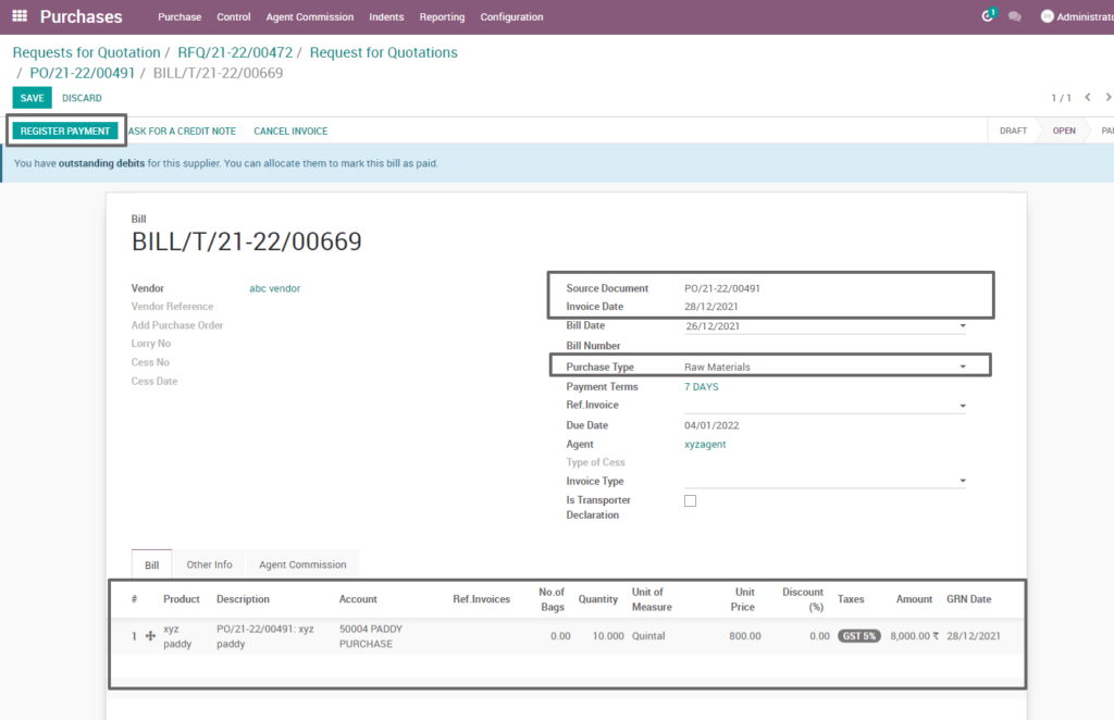 Ricetrading ERP Purchase Managementsupplier invoice created raw material