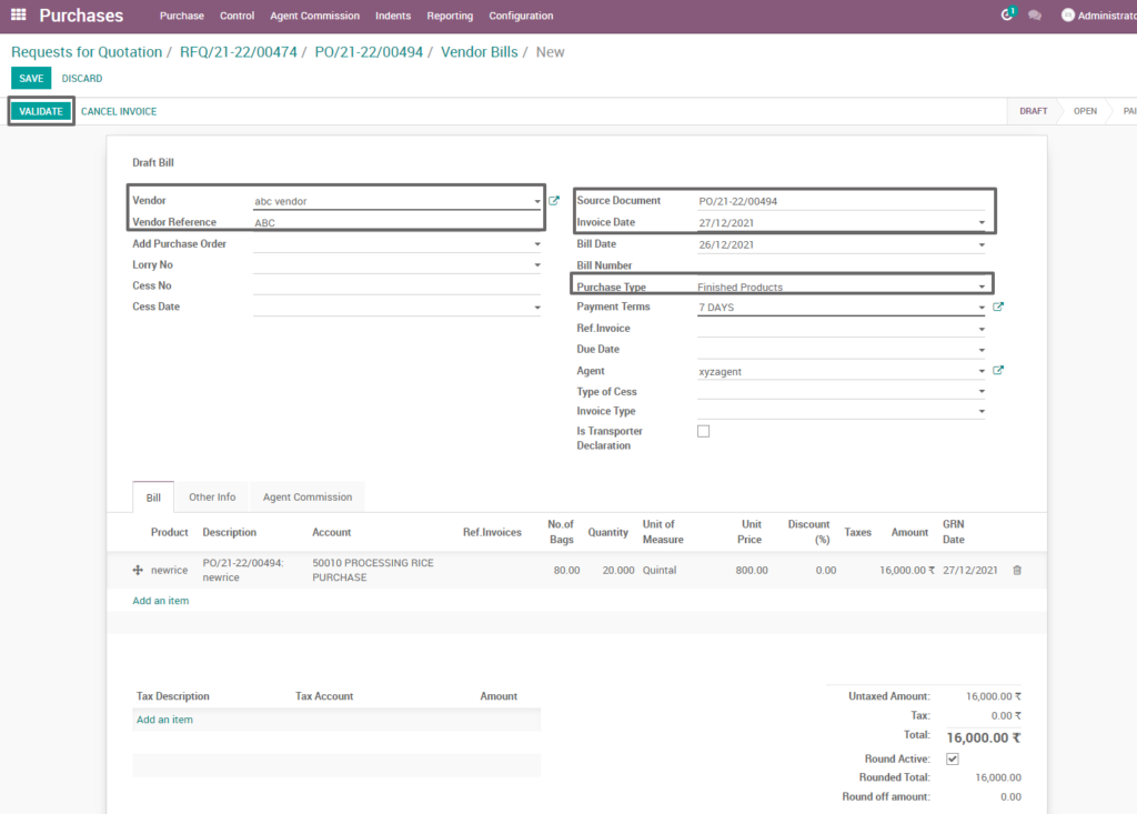 Ricetrading ERP Purchase Managementsupplier invoice creation finished product