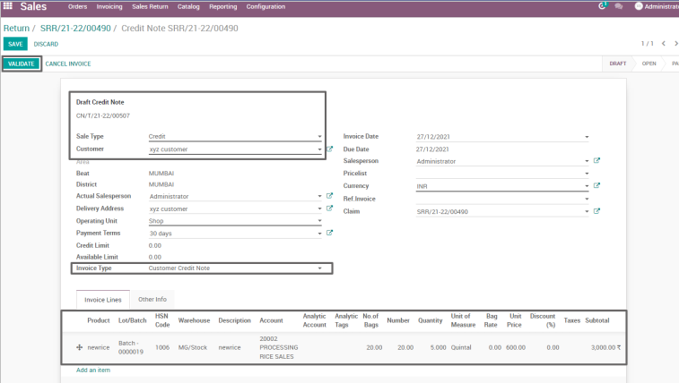 Ricetrading ERP Sales Managementcredit note