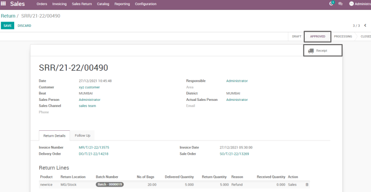 Ricetrading ERP Sales Managementreturn request approval and GRN