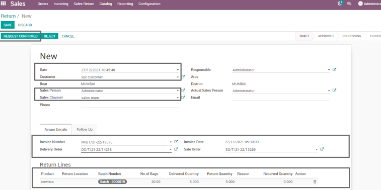 Ricetrading ERP Sales Managementsale return request