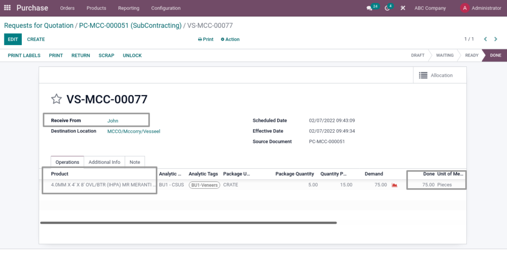 Odoo ERP McCorry Manufacturing management Subcontracting GRN 1