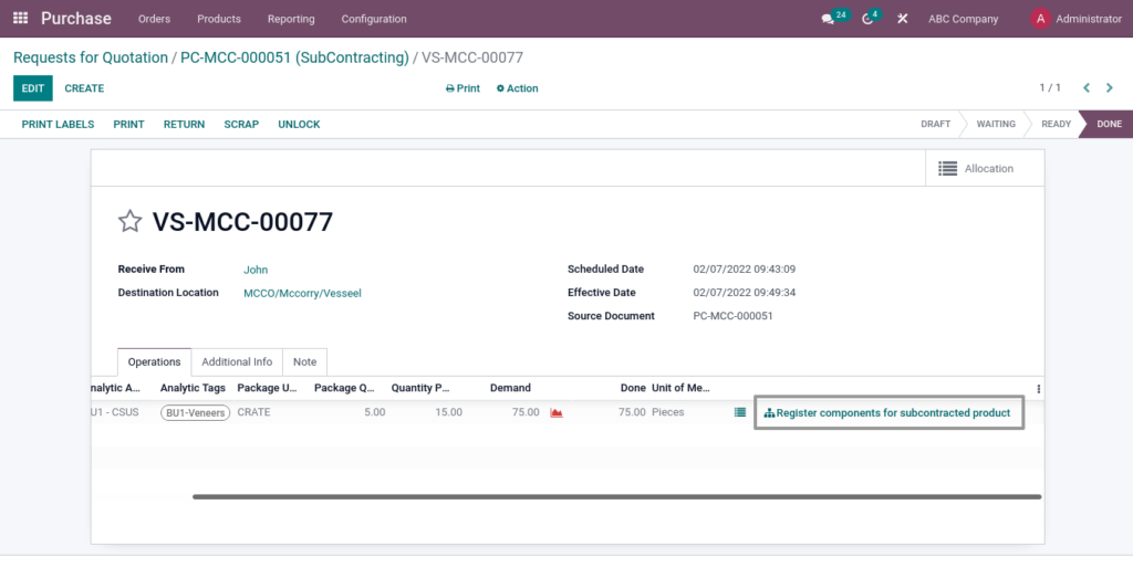 Odoo ERP McCorry Manufacturing management Subcontracting GRN 2