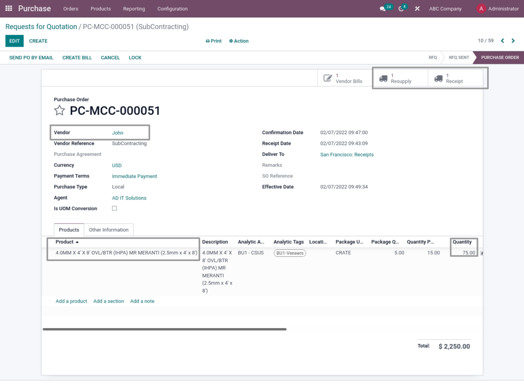 Odoo ERP McCorry Manufacturing management Subcontracting PO 1