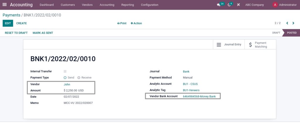 Odoo ERP McCorry Manufacturing management Subcontracting Payment