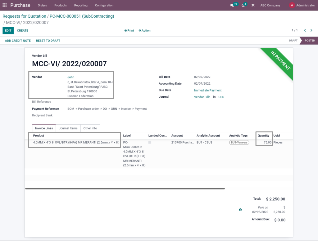Odoo ERP McCorry Manufacturing management Subcontracting invoice 1