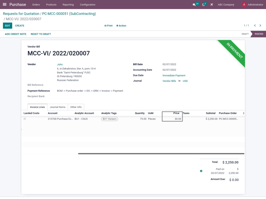 Odoo ERP McCorry Manufacturing management Subcontracting invoice 2