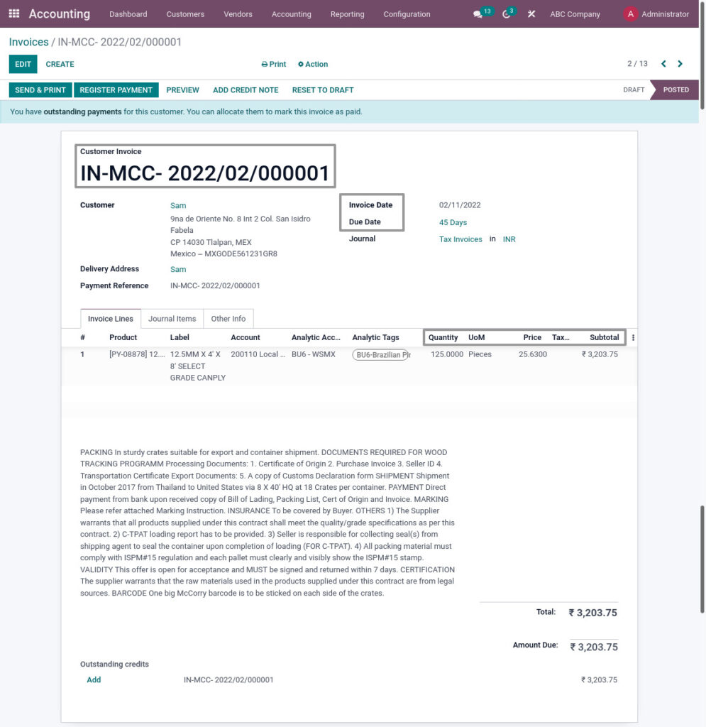 Odoo ERP McCorry accounting management accounting customer invoice