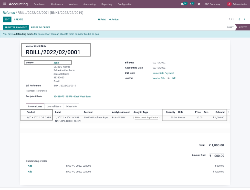 Odoo ERP McCorry accounting management accounting debitnote