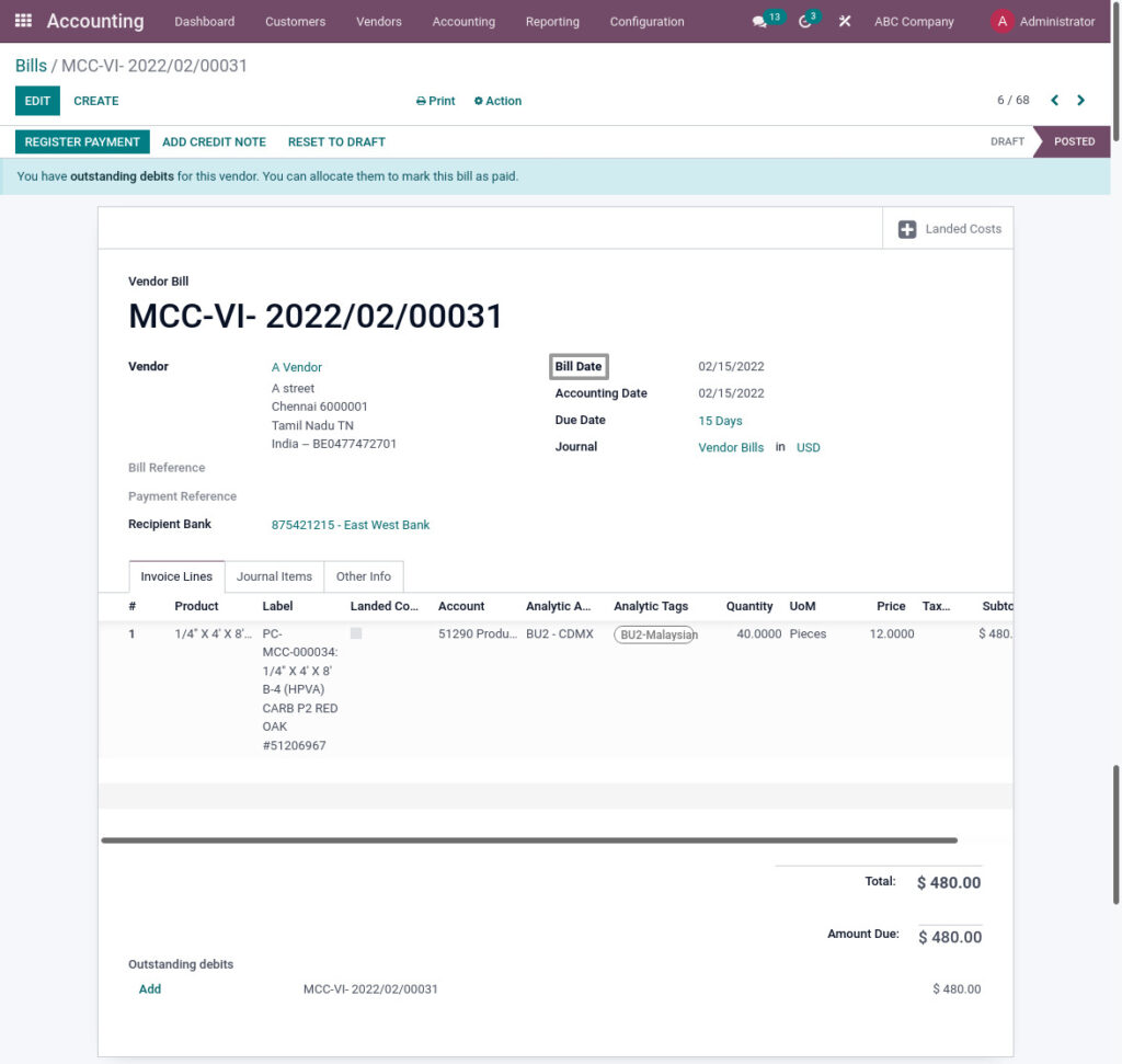 Odoo ERP McCorry accounting management accounting vendor invoice