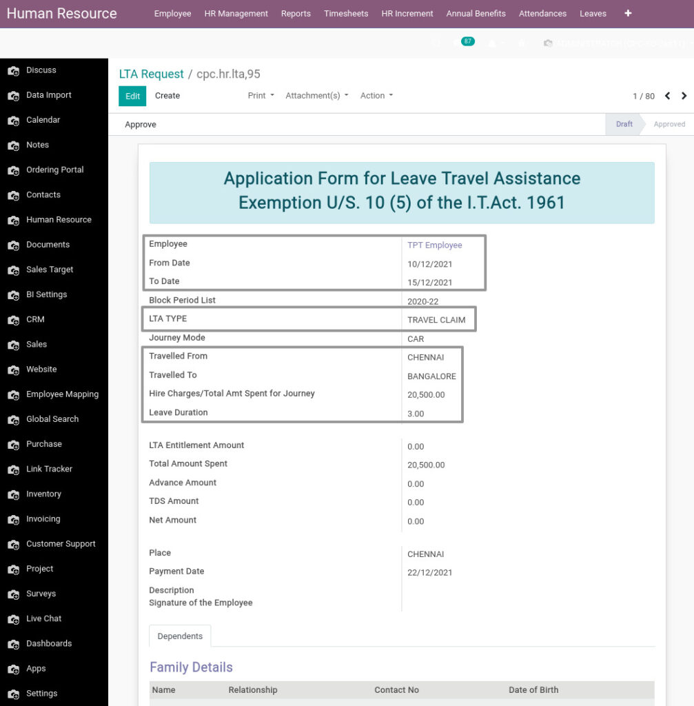 Odoo ERP Payroll master management manage LTA Request