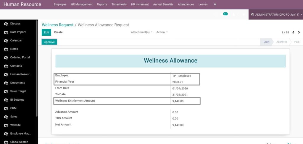 Odoo ERP Payroll master management manage Wellmess Request