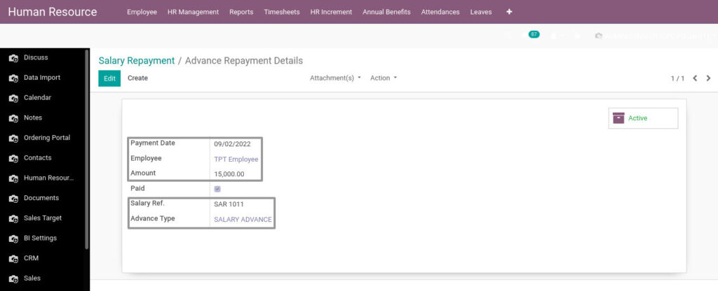 Odoo ERP Payroll master management manage advance repayment