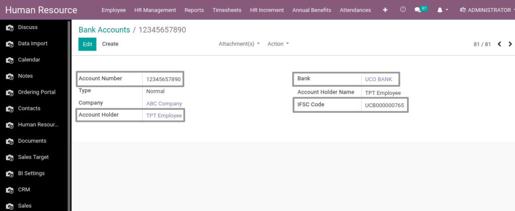 Odoo ERP Payroll master management manage bank account