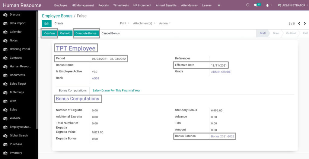 Odoo ERP Payroll master management manage bonus