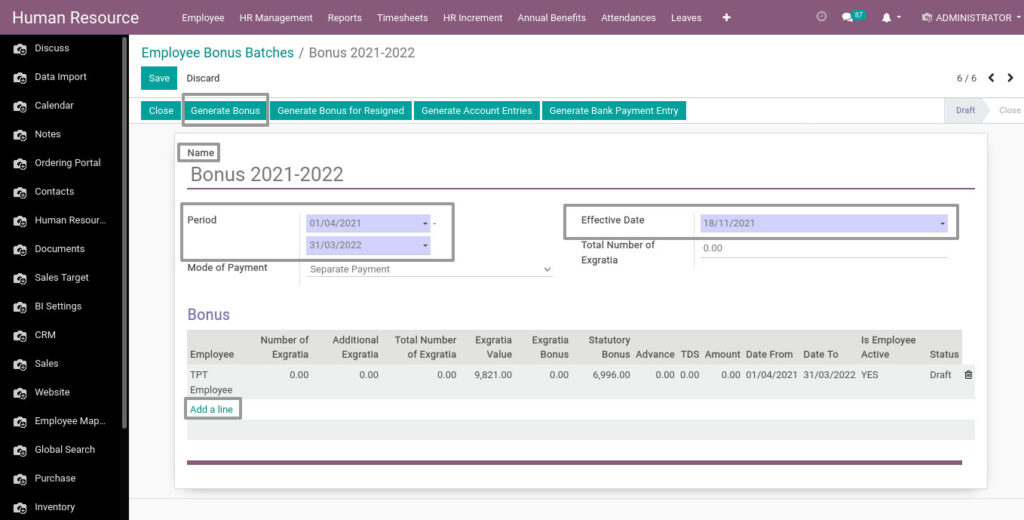 Odoo ERP Payroll master management manage bonus batches