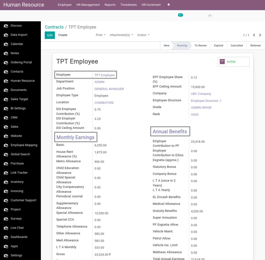 Odoo ERP Payroll master management manage contract