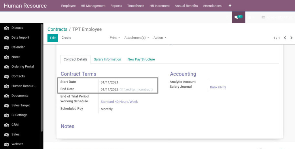 Odoo ERP Payroll master management manage contract 2
