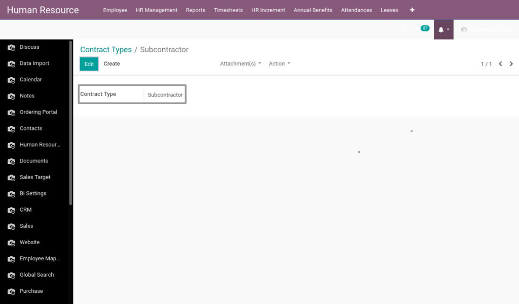 Odoo ERP Payroll master management manage contract types