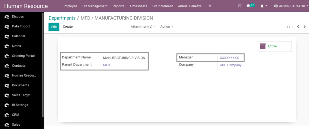 Odoo ERP Payroll master management manage departments