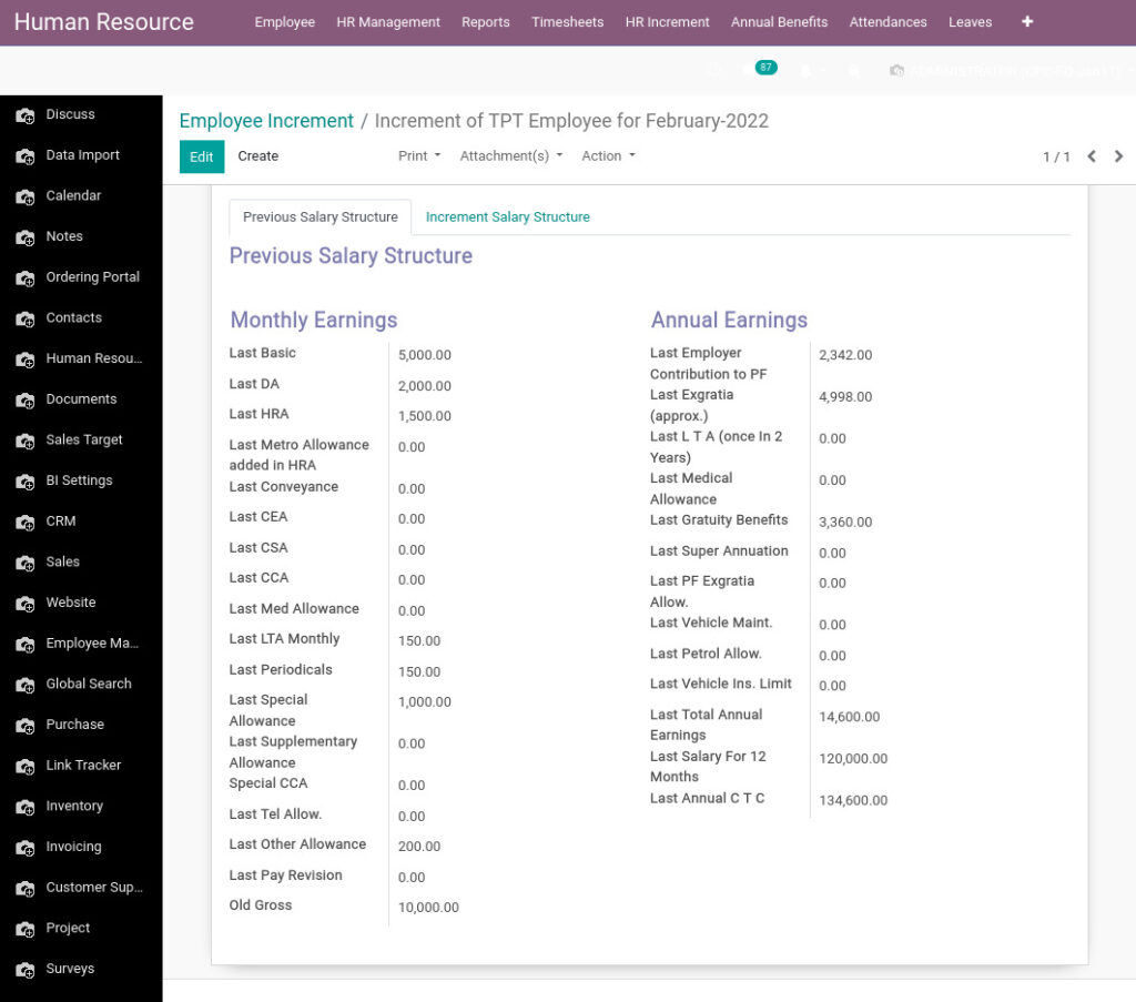 Odoo ERP Payroll master management manage employee Increment 1