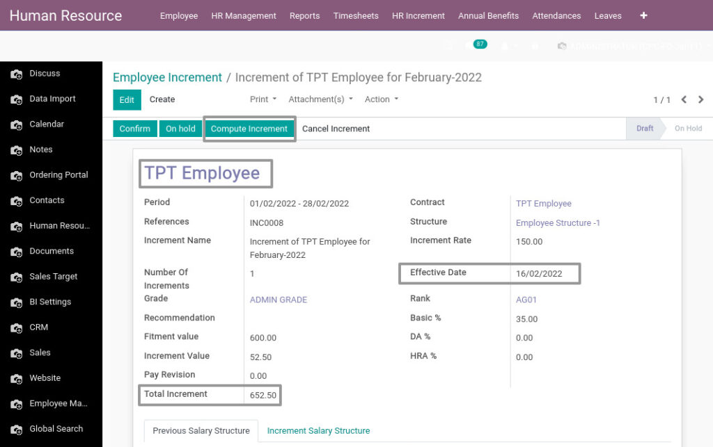 Odoo ERP Payroll master management manage employee Increment