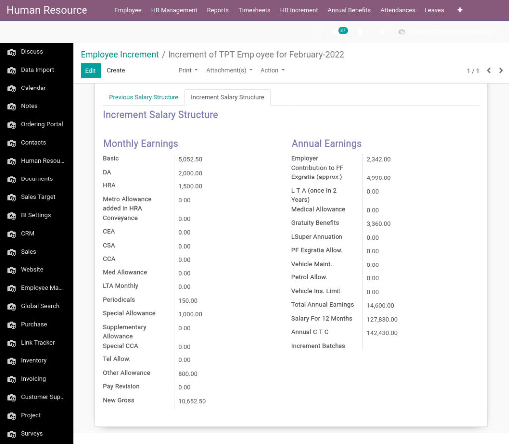 Odoo ERP Payroll master management manage employee Increment 2