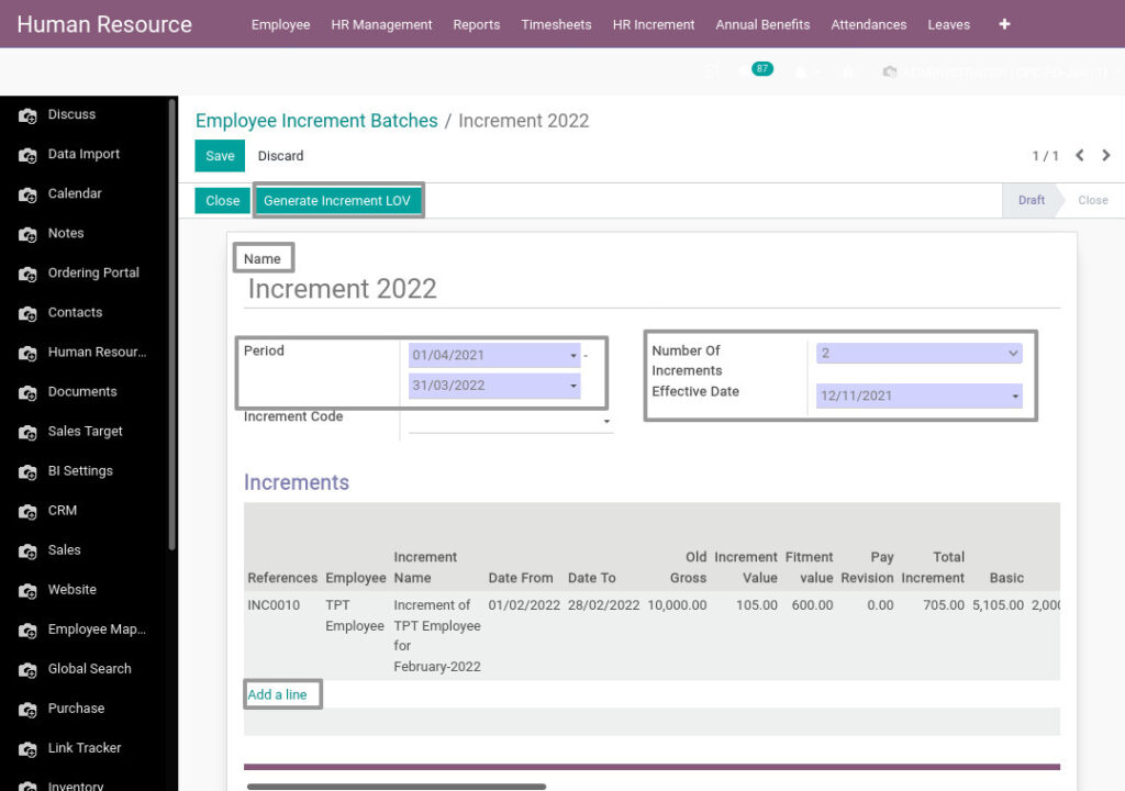 Odoo ERP Payroll master management manage employee Increment batches