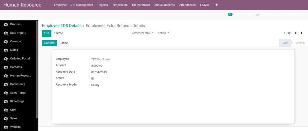Odoo ERP Payroll master management manage employee TDS details