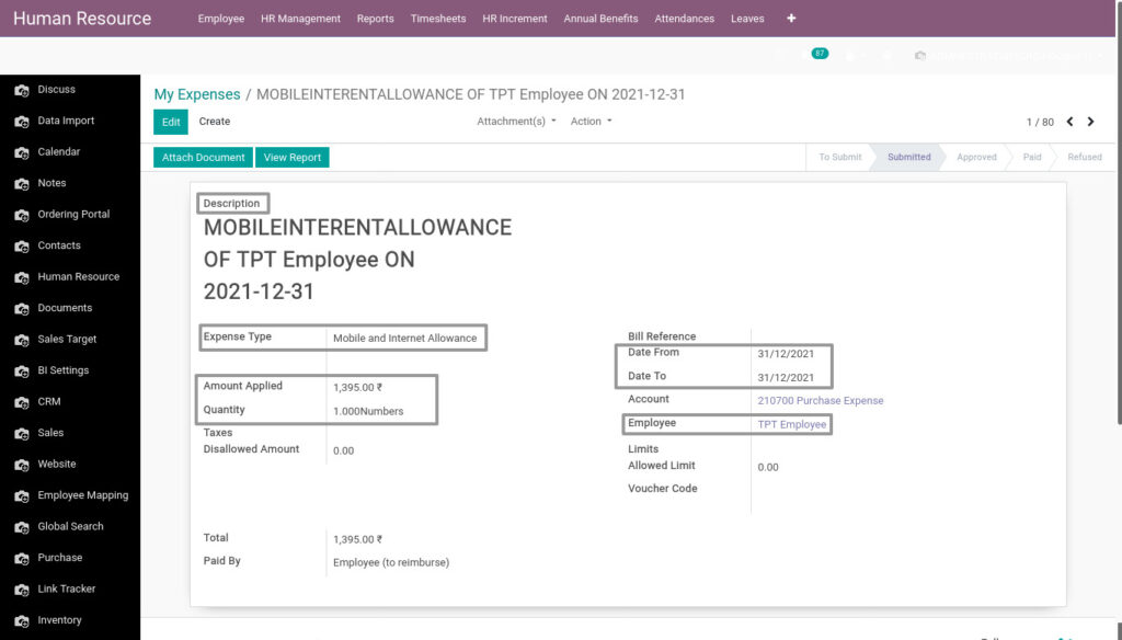 Odoo ERP Payroll master management manage employee expense