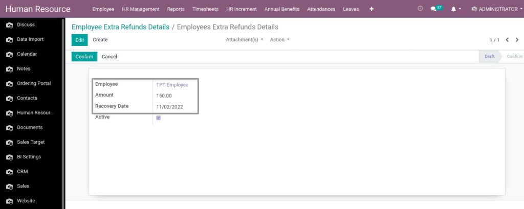 Odoo ERP Payroll master management manage employee extra refund details