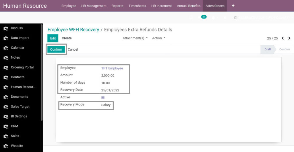 Odoo ERP Payroll master management manage employee wfh recovery