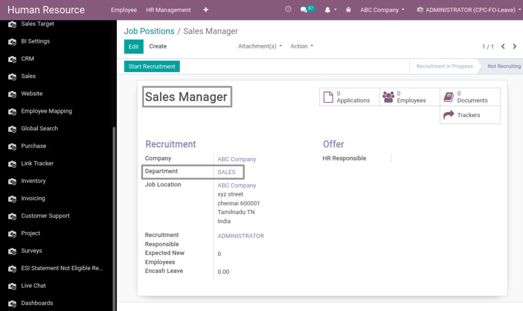 Odoo ERP Payroll master management manage job positions