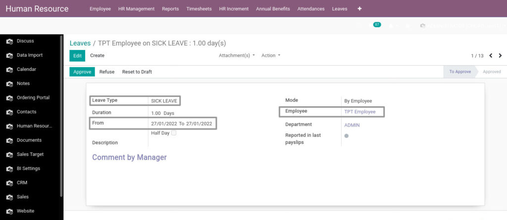 Odoo ERP Payroll master management manage leave