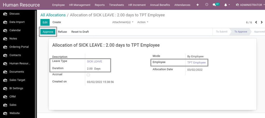 Odoo ERP Payroll master management manage leave allocation