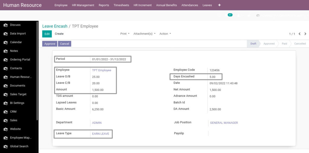 Odoo ERP Payroll master management manage leave encash