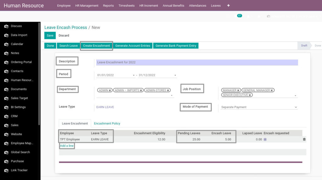 Odoo ERP Payroll master management manage leave encash batches