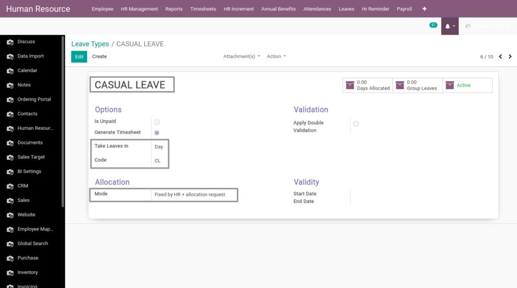 Odoo ERP Payroll master management manage leave types