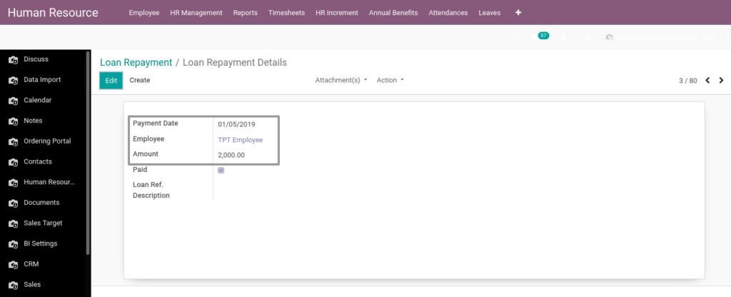 Odoo ERP Payroll master management manage loan repayment