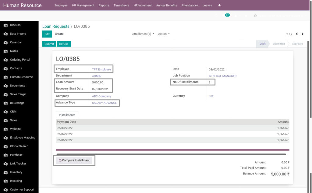 Odoo ERP Payroll master management manage loan request