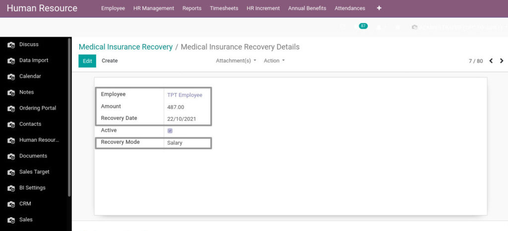 Odoo ERP Payroll master management manage medical insurance recovery