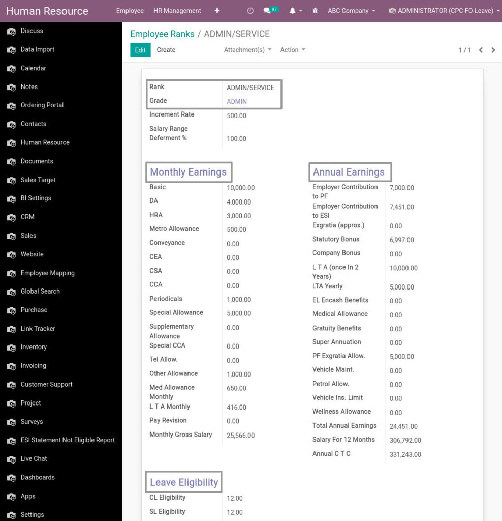 Odoo ERP Payroll master management manage ranks