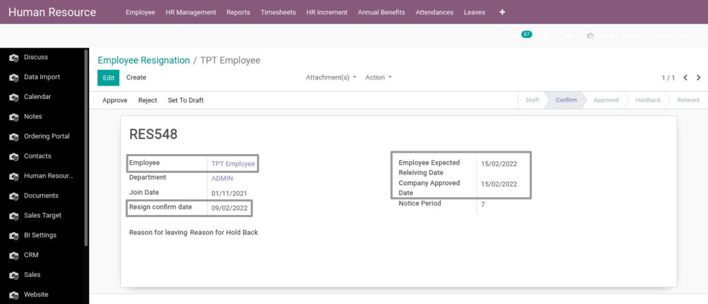 Odoo ERP Payroll master management manage resignation