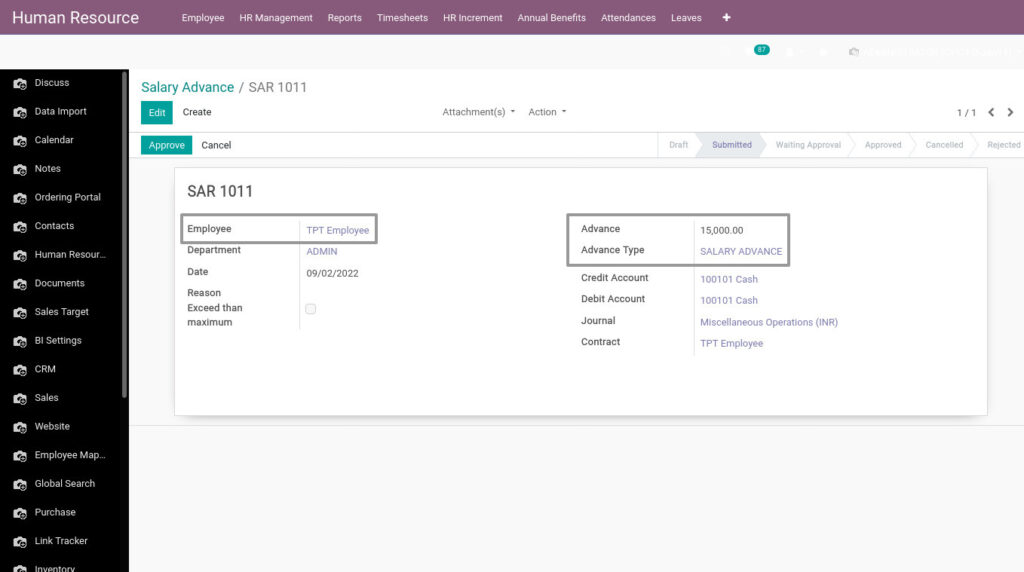Odoo ERP Payroll master management manage salary advance request